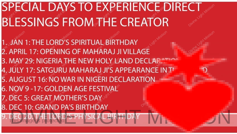 SPECIAL DAYS TO EXPERIENCE DIRECT BLESSINGS FROM THE CREATOR