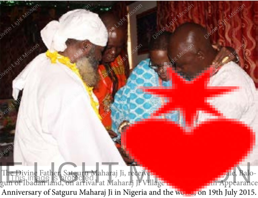 The Divine Father, Satguru Maharaj Ji, receives Chief Sulaiman Omiyale, Baloguru of Ibadan land, on arrival at Maharaj Ji Village during the 35th Appearance Anniversary of Satguru Maharaj Ji in Nigeria and the world, on 19th July 2015.